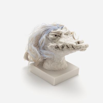 a sculpture of a crocodile head with a custom hair piece in white and light blue, Nathalie Djurberg & Hans Berg