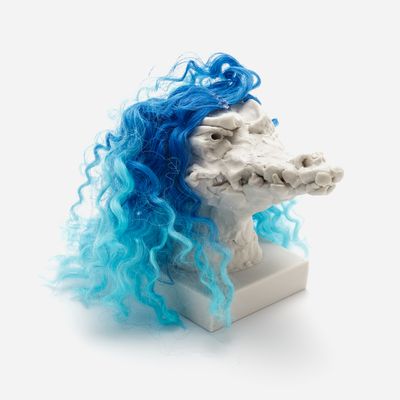 a sculpture of a crocodile head with a custom hair piece in an intense blue gradient, Nathalie Djurberg & Hans Berg