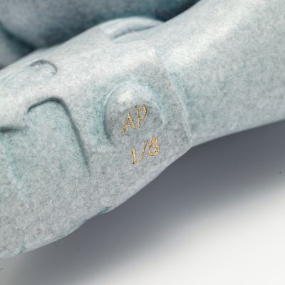 Sculpture with blue/grey flecked patina finish, Slingshot Saxum by James Jean - detail shot