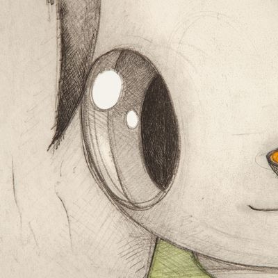 close-up of drawing of a large-eyed child