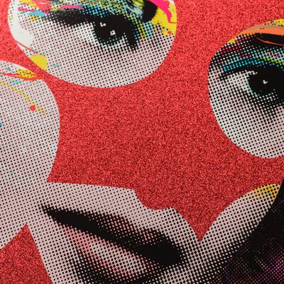 circular print of a woman's face with red glitter areas and a patterned background by Paul Insect- close up