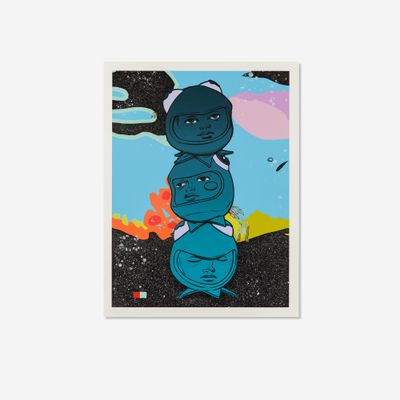 Three heads stacked in abstract landscape, 3 The Hard Way by Hebru Brantley