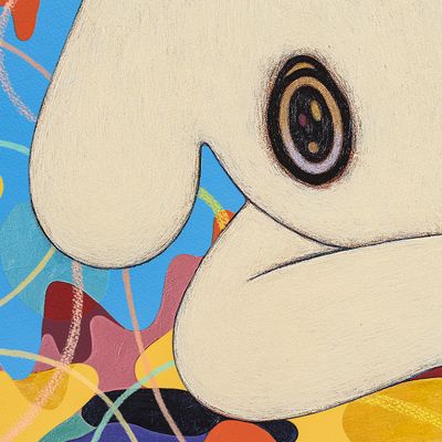 a detail of a wide eyed cartoon animal surrounded by coloured blotches