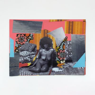 Mickalene Thomas collage of a nude woman in a colourful interior