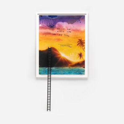A print edition for sale of a sunset with three dimensional ladder