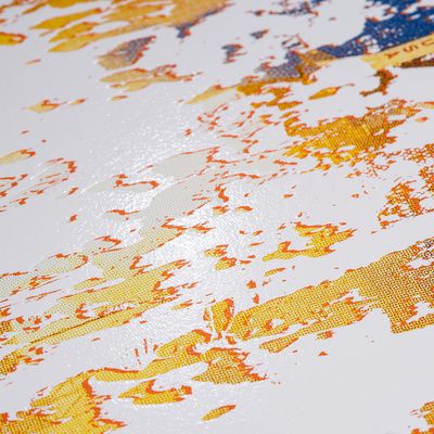 white and orange flecks on a textured print by Michael Kagan