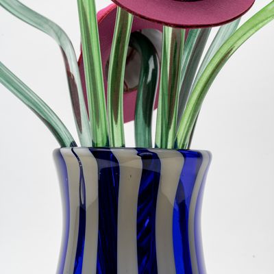 Striped glass vase with mixed material hats detail