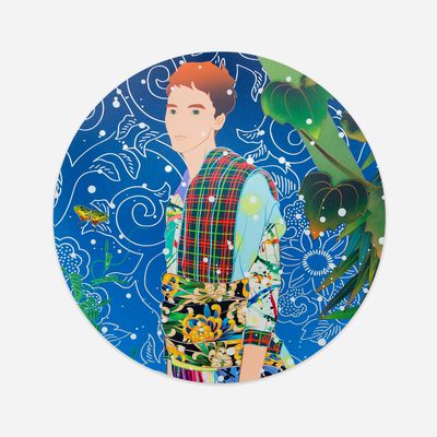 circular print artwork showing a figure wrapped in colourful fabric in front of a vibrant blue evening sky