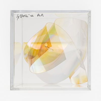 Light knot by Larry Bell in a perspex box with the artist's signature and year