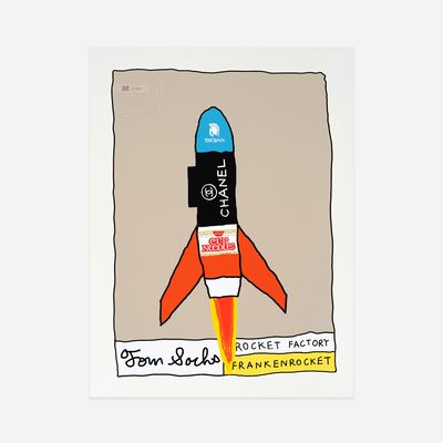 silkscreen print of a co-branded rocket by Tom Sachs