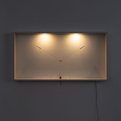 mechanised glass and brass artwork in resin frame, illuminated by a pair of in-built LEDs