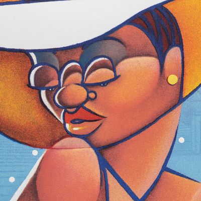 a detail of a hand-finished print of a character in a sun hat with a champagne flute