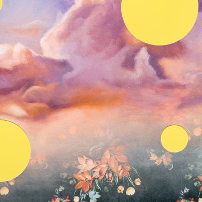 yellow circles behind of clouds with patterned overlay 