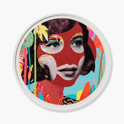 circular print of a woman's face with red glitter areas and a patterned background