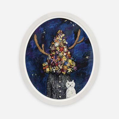 Framed in oval white Frame, Yuichi painting of tree man in full bloom