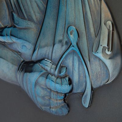 Wooden framed steel relief with bandaged slingshot, Slingshot (Steel Relief) by James Jean - detail shot 