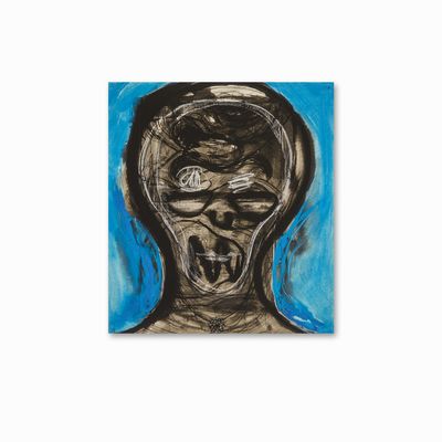 Slender skull-like face with blue background, Untitled 2021 by Huma Bhabha