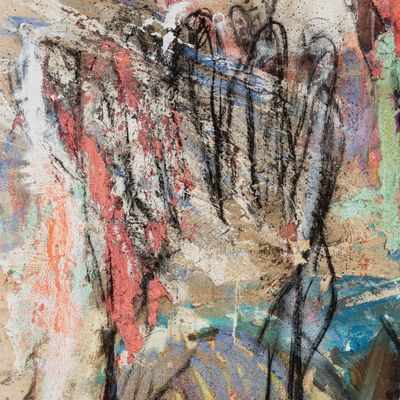 a detail of an abstract expressionist-style print of a colourful totemic figure