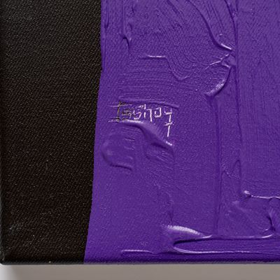 detail of a black and purple impasto portrait painting with signature