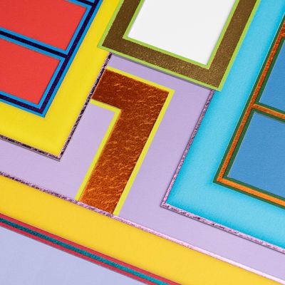 on-angle close up of a colourful, rectilinear print