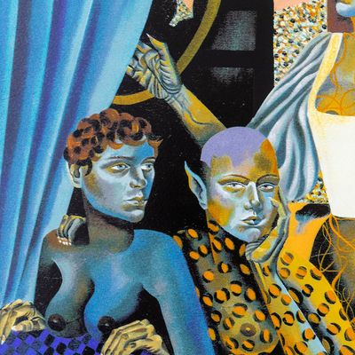 close up of mythical characters rendered in blues and yellows