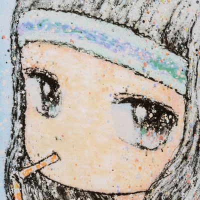 up close of manga style face with speckled overlay, drinking from straw