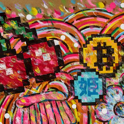 Close up of painted pixelated cherries and bitcoin