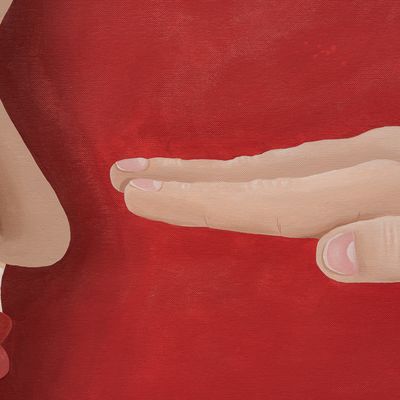 Hand with red background points at woman