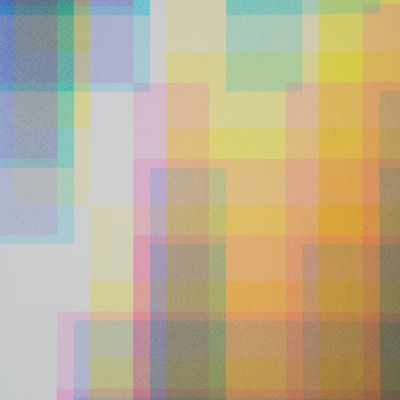 Pixelated colour spectrum with yellow and blue squares - close up