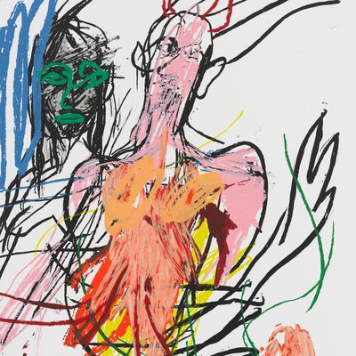 Crop of Oil pink and orange stick figure with green features