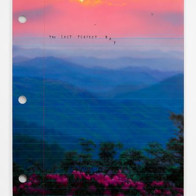 Print that look like notebook page with scenery background and lettering, The Last Perfect Day by Friedrich Kunath