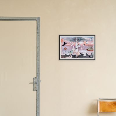 framed print by Aya Takano on a wall above a chair