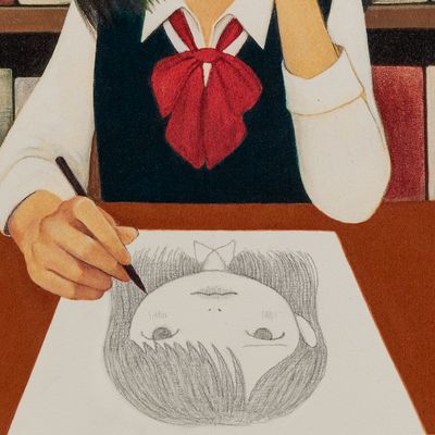 drawing of girl with fringe on paper in library