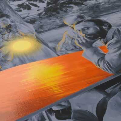 detail of monochrome figures with a bright orange sun reflecting on the table