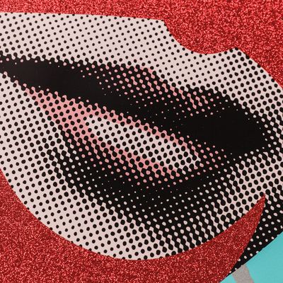 circular print of a woman's lips with red glitter areas and a patterned background by Paul Insect- close up