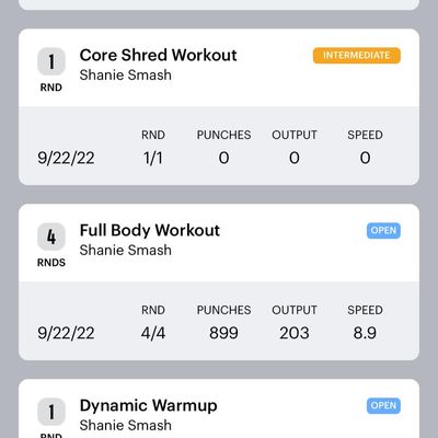 FightCamp app showing previous workout activity