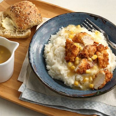 Mashed Potatoes with Crispy Chicken and Corn Gravy