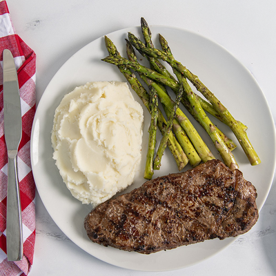 New York Strip Steak with Asparagus, Grilled Watermelon and Idahoan Buttery Homestyle Mashed Potatoes