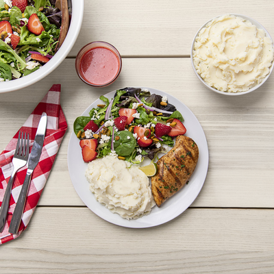 Grilled Chicken & Strawberry Summer Salad with Roasted Garlic Mashed Potatoes