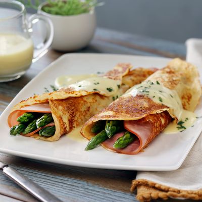 Potato Crepes with Asparagus and Ham