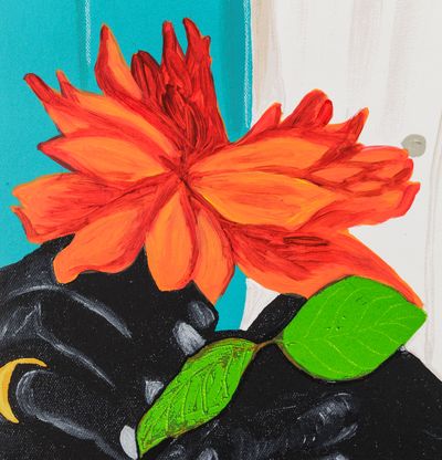 hands holding a red flower with green leaves, part of a print by Otis Kwame Kye Quaicoe - detailed shot