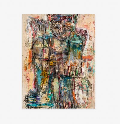 an abstract expressionist-style print of a colourful totemic figure