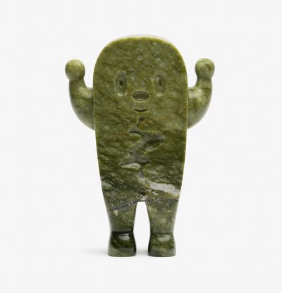 a green marble sculpture rendition of Haroshi's endearing character