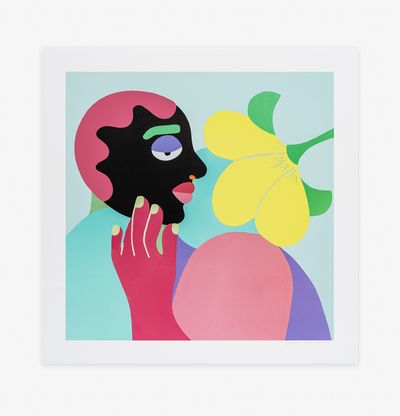 a cubist inspired print edition with a yellow-petalled flower, featuring a woman with pink hair 