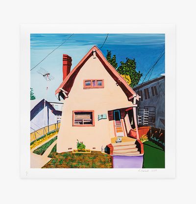 a print of a pale pink suburban house with a slightly skewed perspective
