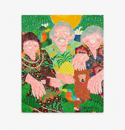 Three old charcters meet around pineapple with menagerie surrounding