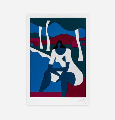 Hero image woman sits within undulating graphic landscape