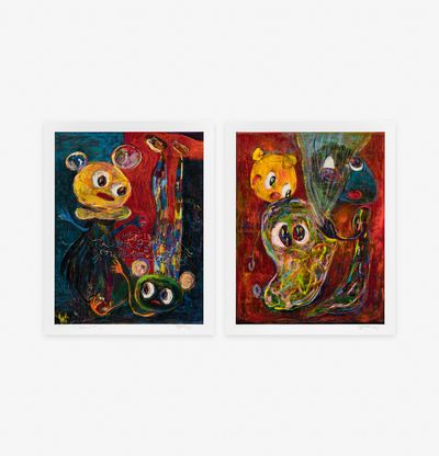 a set of two prints by Chen Wei Ting of childlike creatures in rich colours