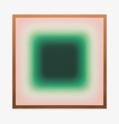 a green and pink minimalist print edition by Jonny Niesche in a bronze frame
