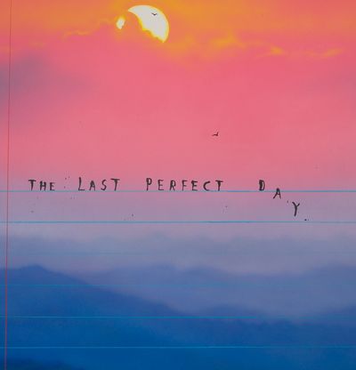Print that look like notebook page with scenery background and lettering, The Last Perfect Day by Friedrich Kunath - detail shot